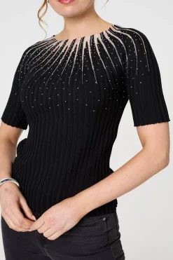 Sequin Embellished Short Sleeve Knit Top