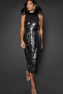 Sequin High Neck Sleeveless Midi Dress