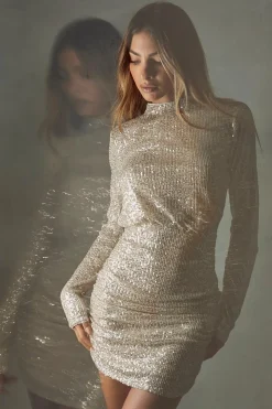 Sequin Ruched Open Back Long Sleeve Bodycon Mini Dress