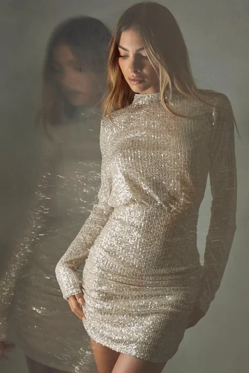 Sequin Ruched Open Back Long Sleeve Bodycon Mini Dress