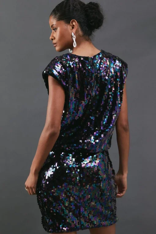 Sequin Shoulder Pad Sleeveless Mini Dress