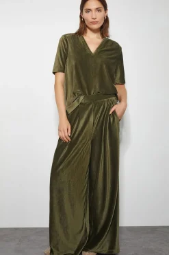 Shay Rib Velour Wide Leg Trousers Green
