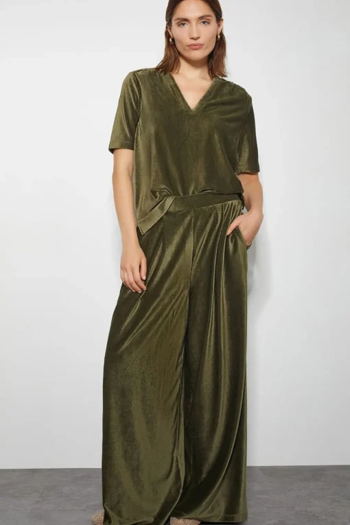 Shay Rib Velour Wide Leg Trousers Green