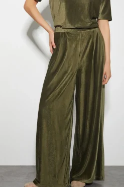 Shay Rib Velour Wide Leg Trousers Green