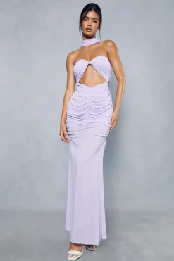 Sheer Overlay Ruched Choker Neck Cut Out Maxi Dress