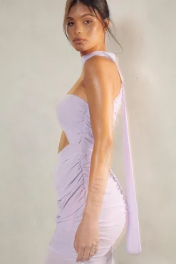 Sheer Overlay Ruched Choker Neck Cut Out Maxi Dress