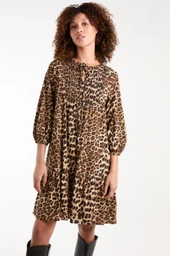 Shirred Front Tie Neck Smock Dress