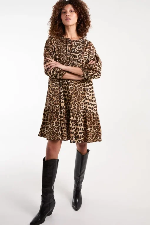 Shirred Front Tie Neck Smock Dress