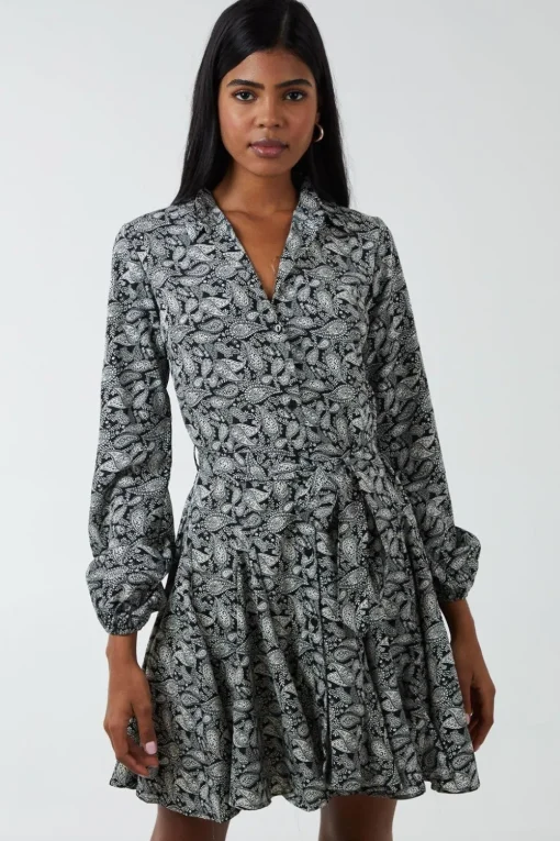 Shirt Mini Dress With Godet Hem & Tie