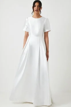 Short Sleeve Bow Back Twill Wedding Dress