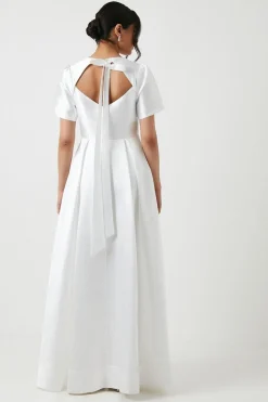 Short Sleeve Bow Back Twill Wedding Dress