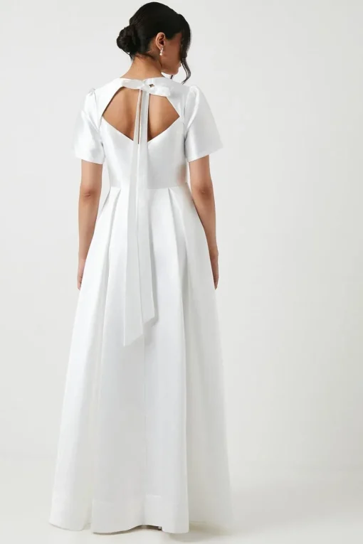 Short Sleeve Bow Back Twill Wedding Dress