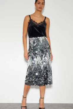 Sia Sequin Midi Skirt Silver