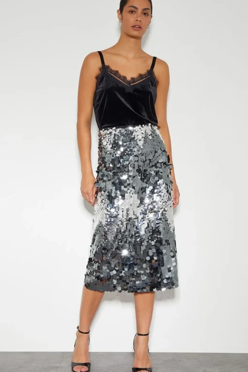 Sia Sequin Midi Skirt Silver