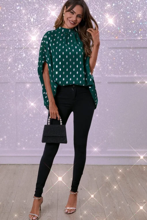 Silver Foil Loose-Fit Top In Green