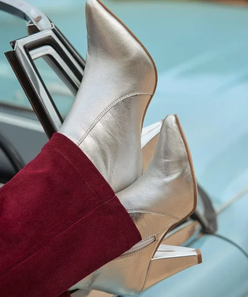 Silver Metallic Leather Heeled Ankle Boots