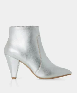 Silver Metallic Leather Heeled Ankle Boots