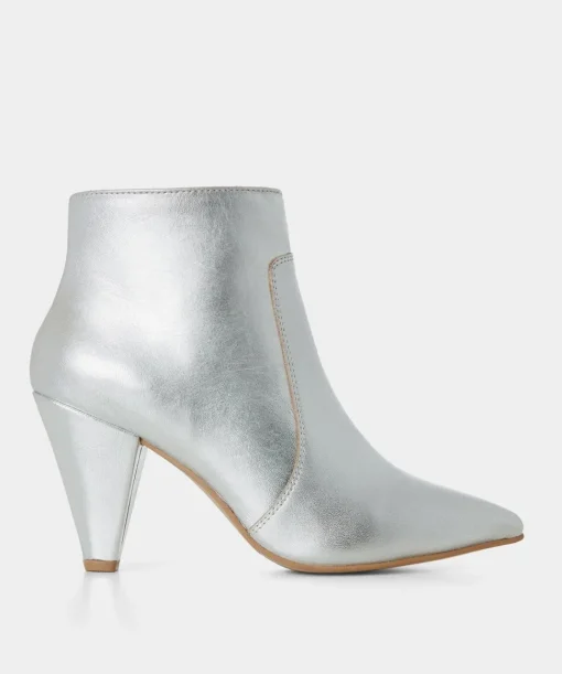 Silver Metallic Leather Heeled Ankle Boots