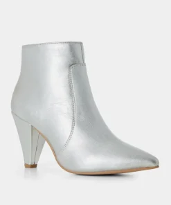 Silver Metallic Leather Heeled Ankle Boots