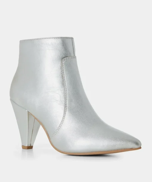 Silver Metallic Leather Heeled Ankle Boots