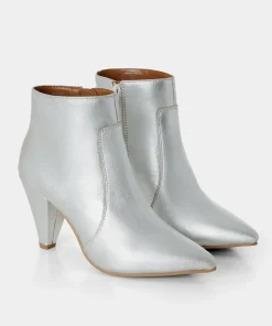 Silver Metallic Leather Heeled Ankle Boots