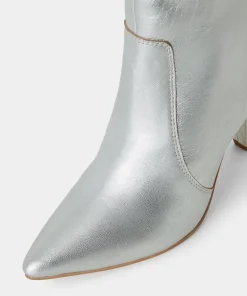 Silver Metallic Leather Heeled Ankle Boots