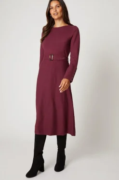 Slash Neck Button Detail Belted Knitted Dress