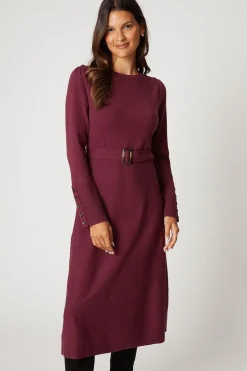 Slash Neck Button Detail Belted Knitted Dress