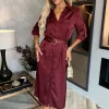 3/4 Sleeve Satin Belted Button Shirt Midi Dress