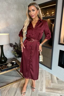 3/4 Sleeve Satin Belted Button Shirt Midi Dress