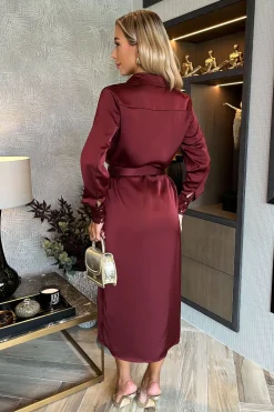 3/4 Sleeve Satin Belted Button Shirt Midi Dress