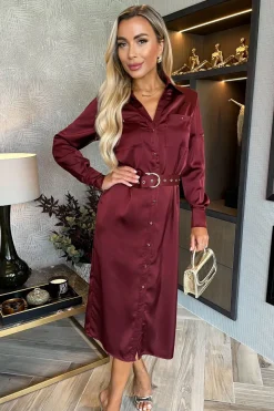 3/4 Sleeve Satin Belted Button Shirt Midi Dress