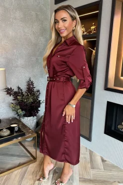 3/4 Sleeve Satin Belted Button Shirt Midi Dress