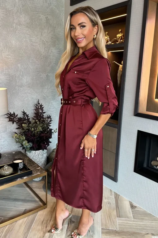 3/4 Sleeve Satin Belted Button Shirt Midi Dress