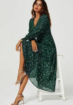 Sliver Star Foil V Neckline Long Sleeve Maxi Dress In Green