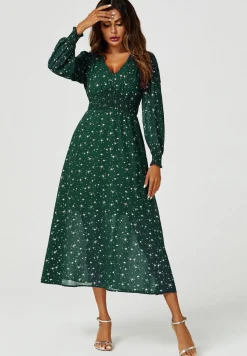 Sliver Star Foil V Neckline Long Sleeve Maxi Dress In Green