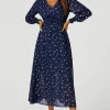 Sliver Star Foil V-Neckline Long Sleeve Maxi Dress In Navy