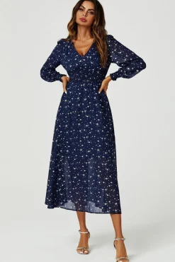 Sliver Star Foil V-Neckline Long Sleeve Maxi Dress In Navy