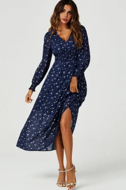 Sliver Star Foil V-Neckline Long Sleeve Maxi Dress In Navy