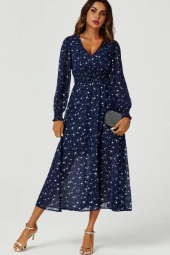 Sliver Star Foil V-Neckline Long Sleeve Maxi Dress In Navy