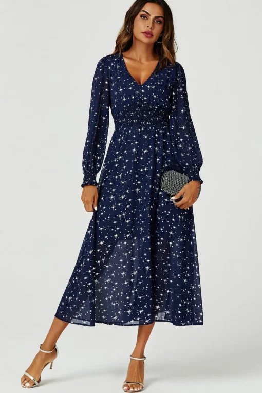 Sliver Star Foil V-Neckline Long Sleeve Maxi Dress In Navy