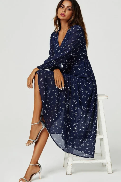 Sliver Star Foil V-Neckline Long Sleeve Maxi Dress In Navy