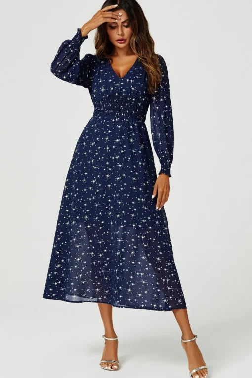 Sliver Star Foil V-Neckline Long Sleeve Maxi Dress In Navy