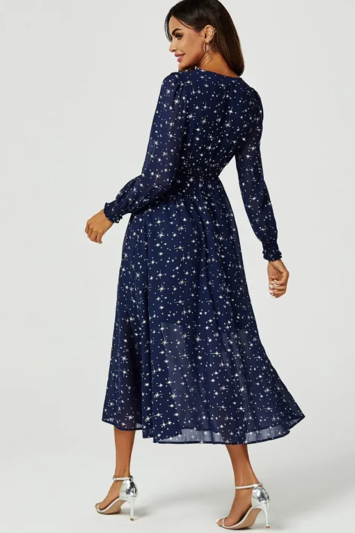 Sliver Star Foil V-Neckline Long Sleeve Maxi Dress In Navy