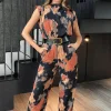 Smudge Print Belted Wide Leg Jumpsuit