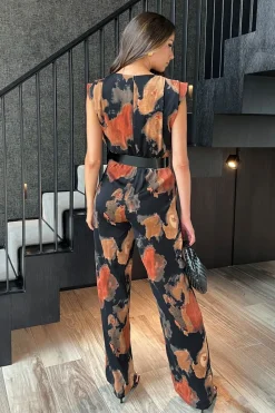 Smudge Print Belted Wide Leg Jumpsuit