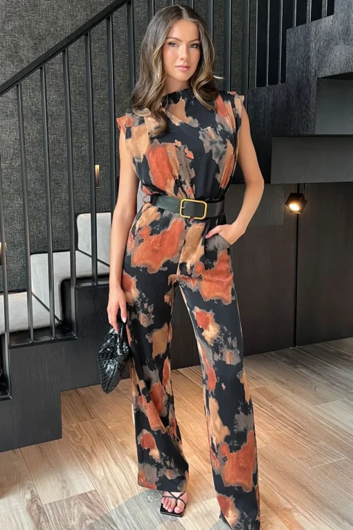 Smudge Print Belted Wide Leg Jumpsuit