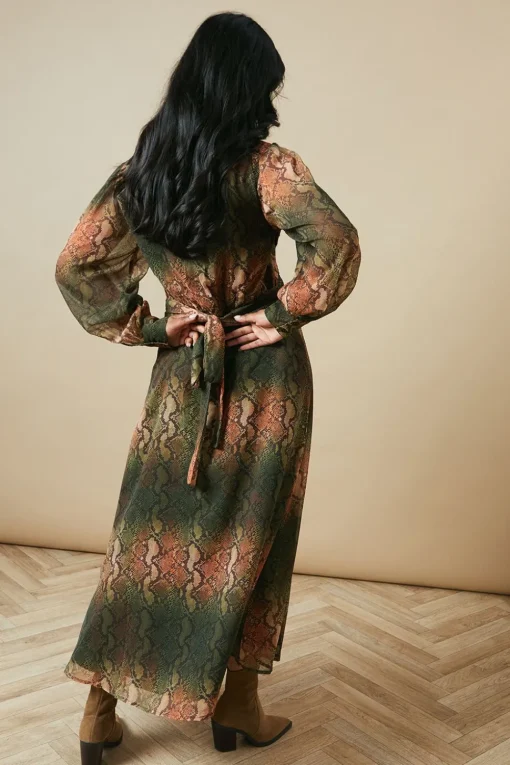 Snake Chiffon Hand Embellished Trim Detail Midi Dress