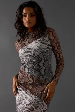 Snake Panelled Print Mesh Midi Dress