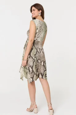 Snake Print Boat Neck Hanky Hem Short Dress